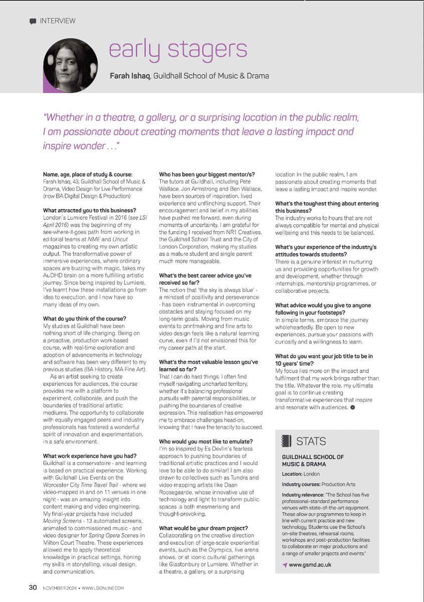 FarahIshaq's tweet image. ICYMI: Got myself profiled in Light &amp;amp; Sound International - DM me for my CV #videodesigner #installationartist #graduate @guildhallschool