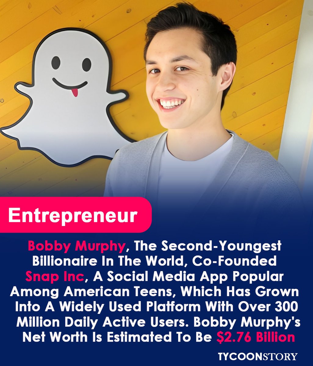 TycoonStoryCo's tweet photo. Bobby Murphy, The Second-Youngest Billionaire In The World, Co-Founded Snap Inc.

#bobbymurphy #snapinc #snapchat #techinnovation #entrepreneur #billionaire #time100 #youngbillionaire #techleaders #startupsuccess #socialmedia @Snapchat 

https://t.co/ZRjBOSKXFh https://t.co/ctZFkAPhHB