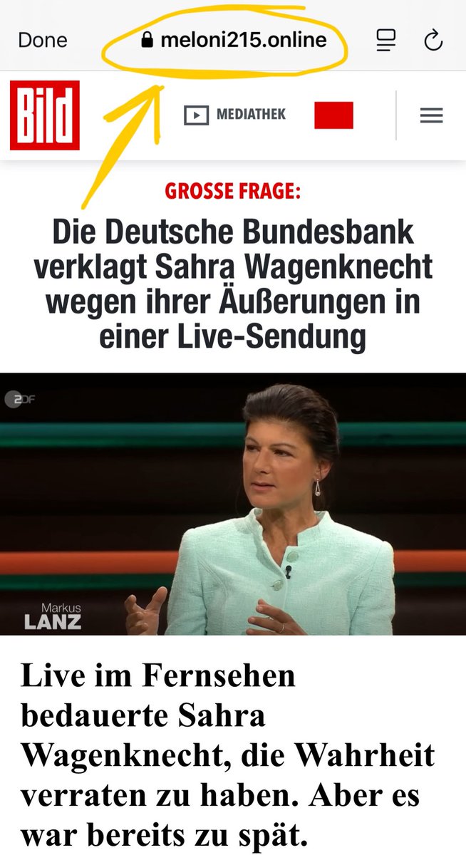 Der Bundestag stimmt heute über die #Vertrauensfrage ab, und heute ist meine Timeline voller bezahlten Anzeigen, die wie ein pro-Wagenknecht Nachrichtenartikel aussehen sollen. Der Link leitet zu einer gefälschten Seite weiter, die versucht, wie <a href="/BILD/">BILD</a> auszusehen (4. Foto).