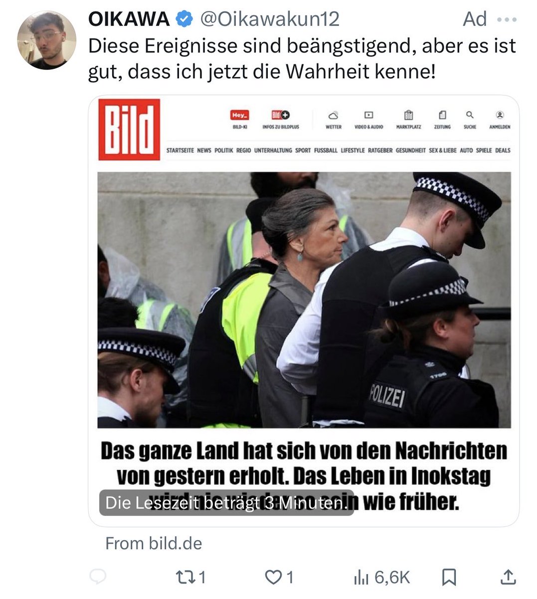 berlin_bridge's tweet photo. Der Bundestag stimmt heute über die #Vertrauensfrage ab, und heute ist meine Timeline voller bezahlten Anzeigen, die wie ein pro-Wagenknecht Nachrichtenartikel aussehen sollen. Der Link leitet zu einer gefälschten Seite weiter, die versucht, wie @BILD auszusehen (4. Foto).

Dieser Fake-Artikel ist nur ein kleiner Vorgeschmack auf das, was auf uns zukommt. Die deutsche ��ffentlichkeit muss sich vorbereiten. Russland gibt bspw. über 1,5 Milliarden USD pro Jahr aus, um Desinformationen zu verbreiten. Manchmal ist es leicht zu erkennen, dass sie von einem Ausländer bzw. einem Übersetzungs-Bot erstellt wurden. Manchmal nicht so leicht. Die meisten Menschen werden ohnehin nicht auf den Link klicken und erkennen, dass die Website eine Fälschung ist. Viele unkritische Nutzer sozialer Medien nehmen den Inhalt und die Botschaft passiv auf und akzeptieren sie, wenn sie nur die gefälschte Schlagzeile lesen.

Die russische Desinformationsmaschine wird uns mit einer Flut von gefälschten Inhalten überschwemmen, um die Stichwahl zu beeinflussen. Auch China wird sich wahrscheinlich einmischen. Die Bundesregierung hat weder eine Strategie noch das Wissen und die Kapazitäten, um dieser Bedrohung zu begegnen. Wir haben zwar Verbündete, die bereits wissen, wie man die moderne Informationskriegführung bekämpft, und die uns helfen würden, aber die BuReg hat bei ihnen bisher nicht geklopft (und ignoriert sie sogar, wenn sie Unterstützung anbieten). Es wird also auf die Zivilgesellschaft, die demokratischen Parteien, die Medien und uns, die Bürger selbst, ankommen.

Und für alle forensischen Disinfo- und Webanalysten da draußen: keine Ahnung, ob sie von russischen, inländischen oder anderen Quellen stammen, aber hier sind auf jeden Fall noch eine Website und ein paar weitere Konten zu prüfen…