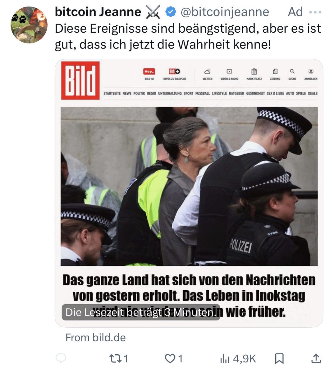berlin_bridge's tweet photo. Der Bundestag stimmt heute über die #Vertrauensfrage ab, und heute ist meine Timeline voller bezahlten Anzeigen, die wie ein pro-Wagenknecht Nachrichtenartikel aussehen sollen. Der Link leitet zu einer gefälschten Seite weiter, die versucht, wie @BILD auszusehen (4. Foto).

Dieser Fake-Artikel ist nur ein kleiner Vorgeschmack auf das, was auf uns zukommt. Die deutsche ��ffentlichkeit muss sich vorbereiten. Russland gibt bspw. über 1,5 Milliarden USD pro Jahr aus, um Desinformationen zu verbreiten. Manchmal ist es leicht zu erkennen, dass sie von einem Ausländer bzw. einem Übersetzungs-Bot erstellt wurden. Manchmal nicht so leicht. Die meisten Menschen werden ohnehin nicht auf den Link klicken und erkennen, dass die Website eine Fälschung ist. Viele unkritische Nutzer sozialer Medien nehmen den Inhalt und die Botschaft passiv auf und akzeptieren sie, wenn sie nur die gefälschte Schlagzeile lesen.

Die russische Desinformationsmaschine wird uns mit einer Flut von gefälschten Inhalten überschwemmen, um die Stichwahl zu beeinflussen. Auch China wird sich wahrscheinlich einmischen. Die Bundesregierung hat weder eine Strategie noch das Wissen und die Kapazitäten, um dieser Bedrohung zu begegnen. Wir haben zwar Verbündete, die bereits wissen, wie man die moderne Informationskriegführung bekämpft, und die uns helfen würden, aber die BuReg hat bei ihnen bisher nicht geklopft (und ignoriert sie sogar, wenn sie Unterstützung anbieten). Es wird also auf die Zivilgesellschaft, die demokratischen Parteien, die Medien und uns, die Bürger selbst, ankommen.

Und für alle forensischen Disinfo- und Webanalysten da draußen: keine Ahnung, ob sie von russischen, inländischen oder anderen Quellen stammen, aber hier sind auf jeden Fall noch eine Website und ein paar weitere Konten zu prüfen…