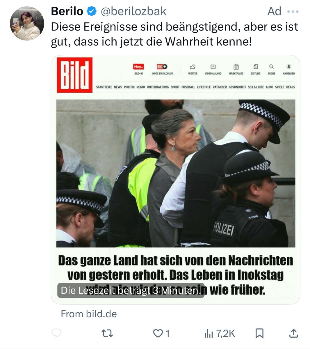 berlin_bridge's tweet photo. Der Bundestag stimmt heute über die #Vertrauensfrage ab, und heute ist meine Timeline voller bezahlten Anzeigen, die wie ein pro-Wagenknecht Nachrichtenartikel aussehen sollen. Der Link leitet zu einer gefälschten Seite weiter, die versucht, wie @BILD auszusehen (4. Foto).

Dieser Fake-Artikel ist nur ein kleiner Vorgeschmack auf das, was auf uns zukommt. Die deutsche ��ffentlichkeit muss sich vorbereiten. Russland gibt bspw. über 1,5 Milliarden USD pro Jahr aus, um Desinformationen zu verbreiten. Manchmal ist es leicht zu erkennen, dass sie von einem Ausländer bzw. einem Übersetzungs-Bot erstellt wurden. Manchmal nicht so leicht. Die meisten Menschen werden ohnehin nicht auf den Link klicken und erkennen, dass die Website eine Fälschung ist. Viele unkritische Nutzer sozialer Medien nehmen den Inhalt und die Botschaft passiv auf und akzeptieren sie, wenn sie nur die gefälschte Schlagzeile lesen.

Die russische Desinformationsmaschine wird uns mit einer Flut von gefälschten Inhalten überschwemmen, um die Stichwahl zu beeinflussen. Auch China wird sich wahrscheinlich einmischen. Die Bundesregierung hat weder eine Strategie noch das Wissen und die Kapazitäten, um dieser Bedrohung zu begegnen. Wir haben zwar Verbündete, die bereits wissen, wie man die moderne Informationskriegführung bekämpft, und die uns helfen würden, aber die BuReg hat bei ihnen bisher nicht geklopft (und ignoriert sie sogar, wenn sie Unterstützung anbieten). Es wird also auf die Zivilgesellschaft, die demokratischen Parteien, die Medien und uns, die Bürger selbst, ankommen.

Und für alle forensischen Disinfo- und Webanalysten da draußen: keine Ahnung, ob sie von russischen, inländischen oder anderen Quellen stammen, aber hier sind auf jeden Fall noch eine Website und ein paar weitere Konten zu prüfen…