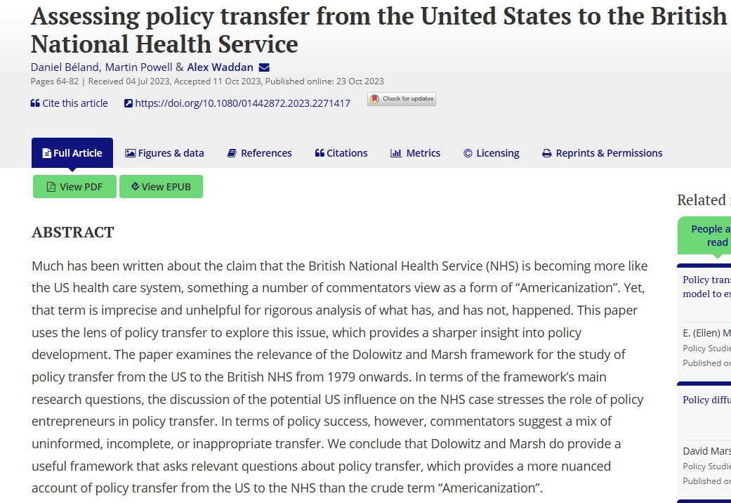 Health Services Management Centre (HSMC) (@_hsmcentre) on Twitter photo 🏥"Assessing policy transfer from the United States to the British National Health Service" - New article by Professor Martin Powell <a href="/CoSS_Birmingham/">College of Social Sciences</a> <a href="/unibirmingham/">Uni of Birmingham</a>, Daniel Beland <a href="/danielbeland/">Daniel Béland</a> and Alex Wadden <a href="/uniofleicester/">University of Leicester</a>
tandfonline.com/doi/full/10.10… 🏥"Assessing policy transfer from the United States to the British National Health Service" - New article by Professor Martin Powell <a href="/CoSS_Birmingham/">College of Social Sciences</a> <a href="/unibirmingham/">Uni of Birmingham</a>, Daniel Beland <a href="/danielbeland/">Daniel Béland</a> and Alex Wadden <a href="/uniofleicester/">University of Leicester</a>
tandfonline.com/doi/full/10.10…