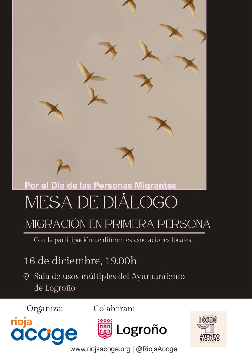Hoy comenzaremos a celebrar el #díadelaspersonasmigrantes!
Conoceremos  asociaciones de Ucrania, Pakistán, Senegal, Venezuela... quienes nos contarán aspectos  personales, sociales y burocráticos que se enfrentan  a diario como colectivos. 
Os esperamos! riojaacoge.org/events/2024/12…