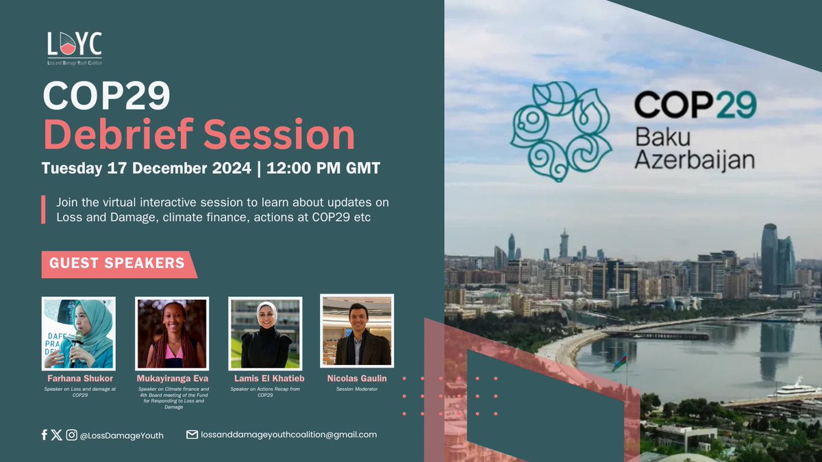 Happening tomorrow! 🌍✨ Join our COP29 Debrief Session to dive into key outcomes from Baku—both inside and outside the negotiation room. Hear directly from activists &amp; negotiators who were on the ground.

📝 Register now: bit.ly/3VFzNJG

#LossAndDamageFinanceNow!
