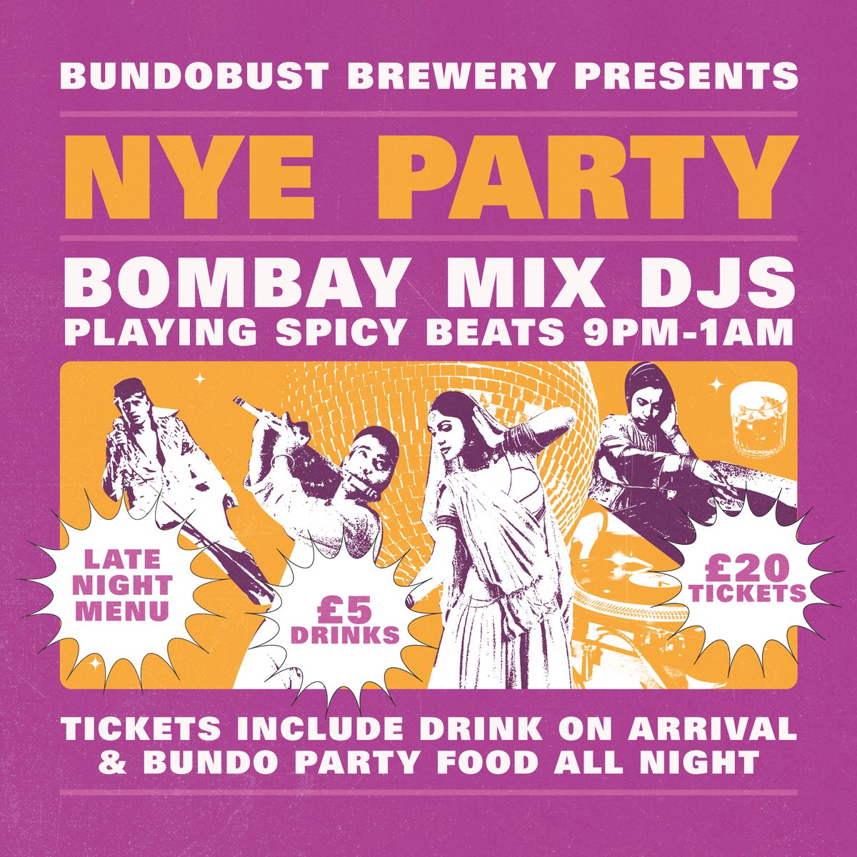 NEW YEAR'S EVE at Bundobust Brewery!

Come and party amongst the tanks in Manchester, with DJS! BEERS! FOOD! FUN!

Tickets are £20 - include a drink &amp; party food all night. Beers, boozy slushies &amp; fizz all £5, plus SPICY Bombay Mix DJs &amp; Late Night menu. 
bundobust.com/nye-2024/