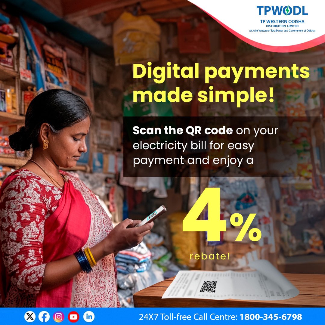 TPWesternOdisha's tweet photo. Enhancing your convenience with the QR code on your monthly bill. Now, pay online effortlessly and enjoy a 4% rebate on your payment as an added bonus! Paying your electricity bill has never been simpler.
#SmartPayments #EasyBillPayment https://t.co/AXqd6euh1L