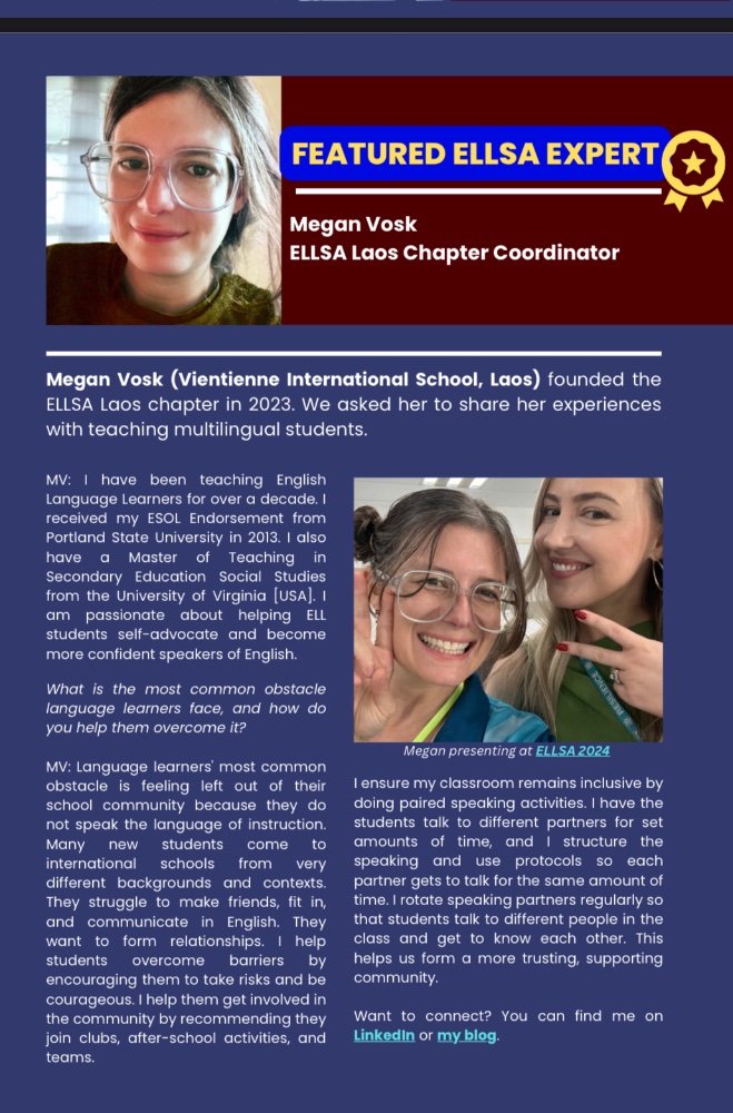 megan_vosk's tweet photo. I am honored to be this quarter's featured #ELLSA educator. Have you read the newsletter yet? And, if you are teaching #EAL in Asia and haven't joined this amazing group of #ELL educators yet, you should!
https://t.co/pDSl7tWUAd https://t.co/UdDPGrM6Vv