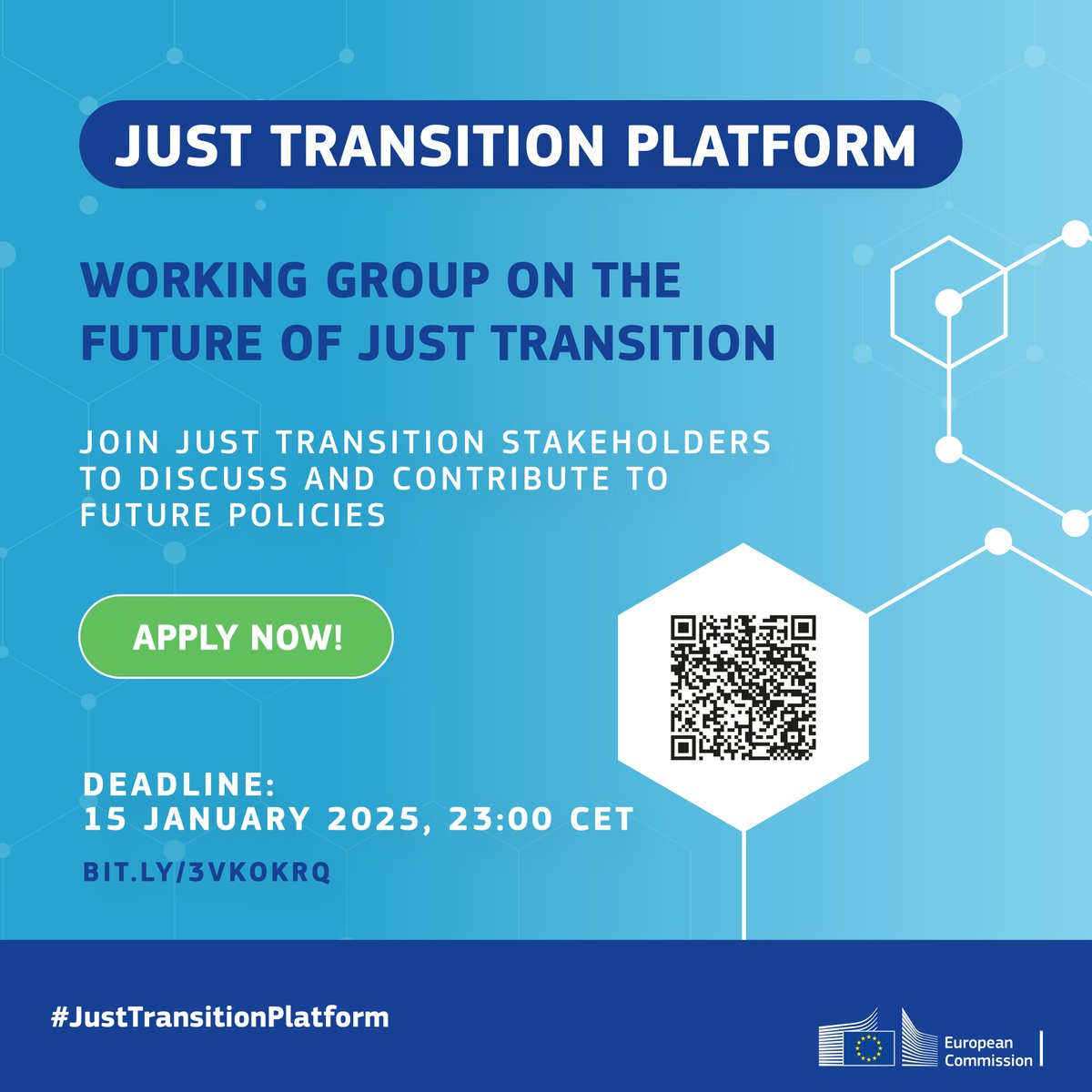 📢Applications are now open for a new #JustTransitionPlatform Working Group on the future of just transition in the EU!

This is your chance to collaborate with stakeholders from across 🇪🇺 to discuss and contribute to future policies!

Apply now👇 ec.europa.eu/eusurvey/runne…