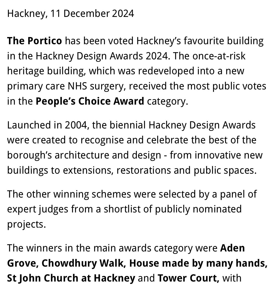 The votes are in…🥁 

The Portico has been voted as Hackney’s favourite building in the Hackney Design Awards 2024!🎉

Thank you to everyone who voted for us!

news.hackney.gov.uk/hackneys-best-…

#LCGP3433 #LCGP #hackneydesignawards