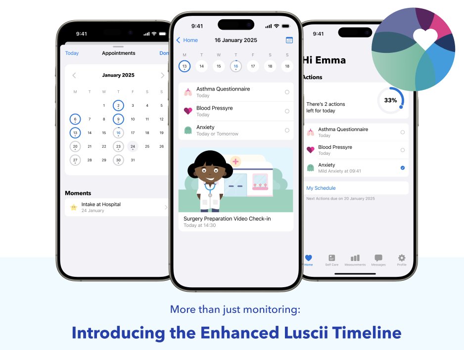 🚀 Just launched: Luscii Timeline!

Empowering patients. Streamlining care. Enhancing outcomes.

🌟 Highlights: 
✔️ Daily task focus + full pathway clarity 
📅 "Moments" for key event preparation 
🗂️ Customised, phased care pathways

Discover more 👇 
share-eu1.hsforms.com/16YWNz6nZQh2RF…