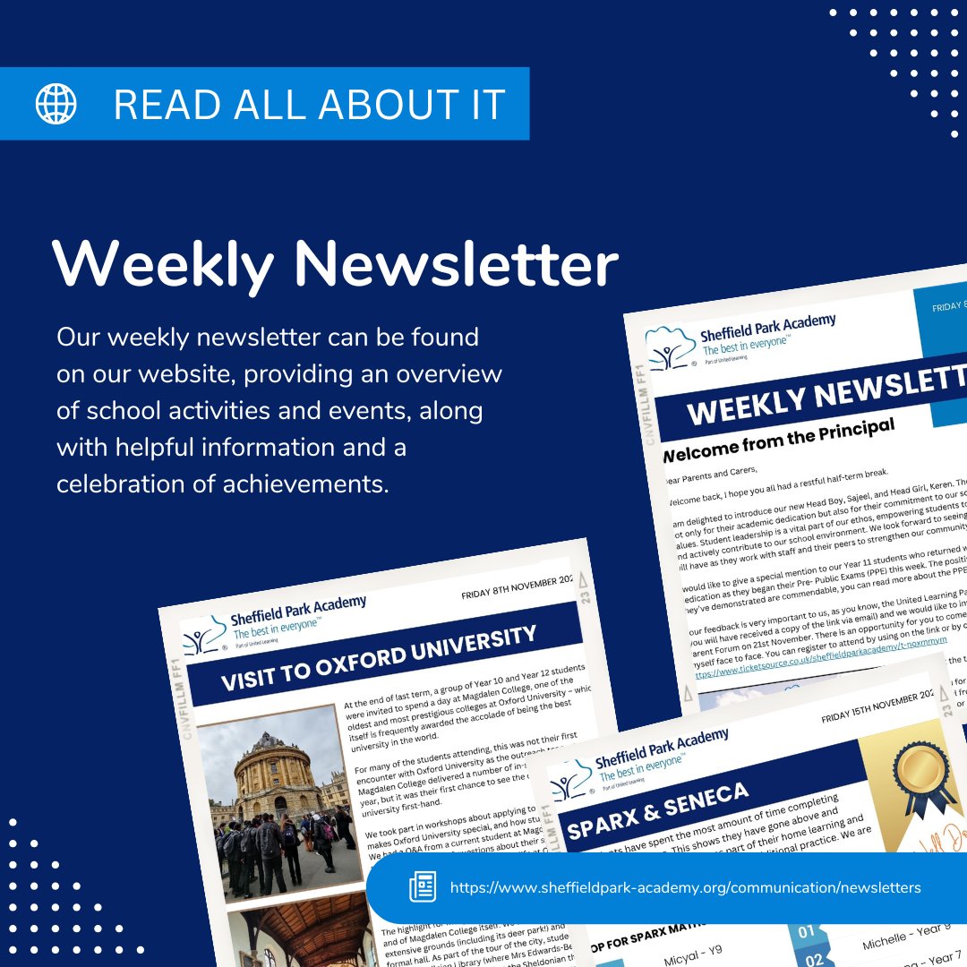 Our weekly newsletter can be found on our website, providing an overview of school activities and events, along with helpful information and a celebration of achievements.
sheffieldpark-academy.org/communication/…