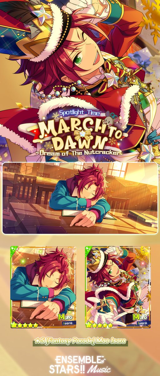 enstarsmusic_EN's tweet image. 👑Card Release! Spotlight Time • March to Dawn ~Dream of The Nutcracker~

⭐️5 [Fantasy Parade] Mao Isara
MV Outfit attached: Pas de deux

Please refer to the images below.

#EnsembleStarsMusic