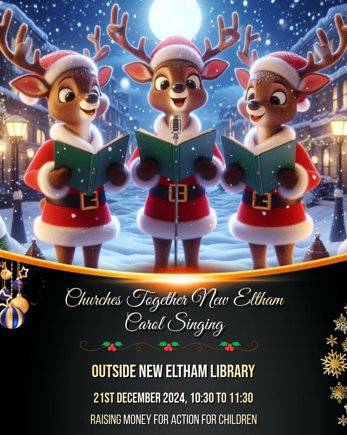 Come to sing along on Saturday 21st December from 10.30 to 11.30 am outside New Eltham Library. This Carol Singing run by Church Together New Eltham (CTNE) to raise money for Action For Children.
#christmascarol #neweltham #greenwich #churchtogetherneweltham #allsaintsneweltham