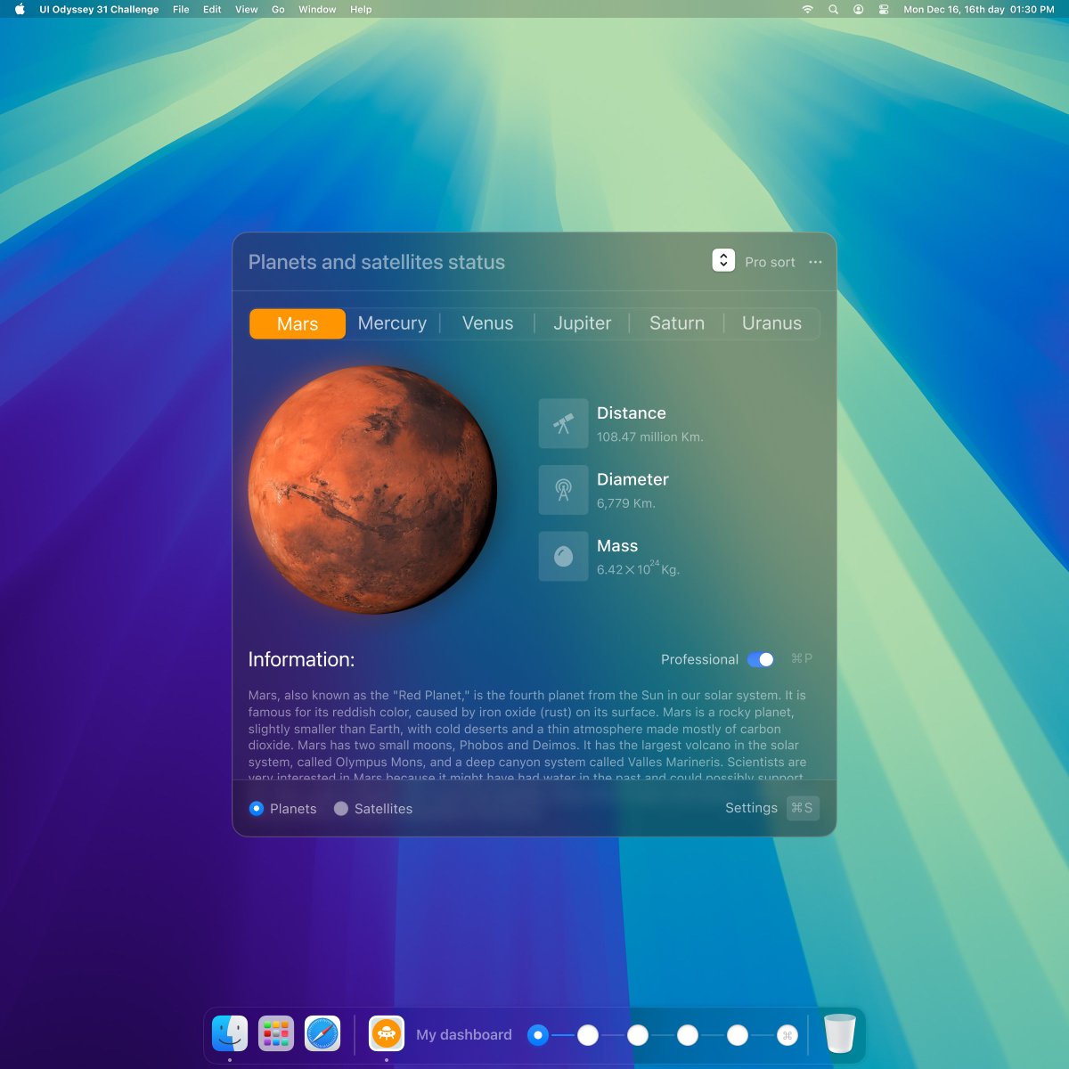 Hi all:)

📅 Day 16 of UI_Odyssey_31!

Step into the universe with the Mars Info Dashboard – your gateway to the Red Planet, designed in MacOS style🔭. Dive into fascinating facts and explore its terrain! 🌌🔭
#UI_Odyssey_31 #uxdesign #productdesign #uiux #uiuxdesign