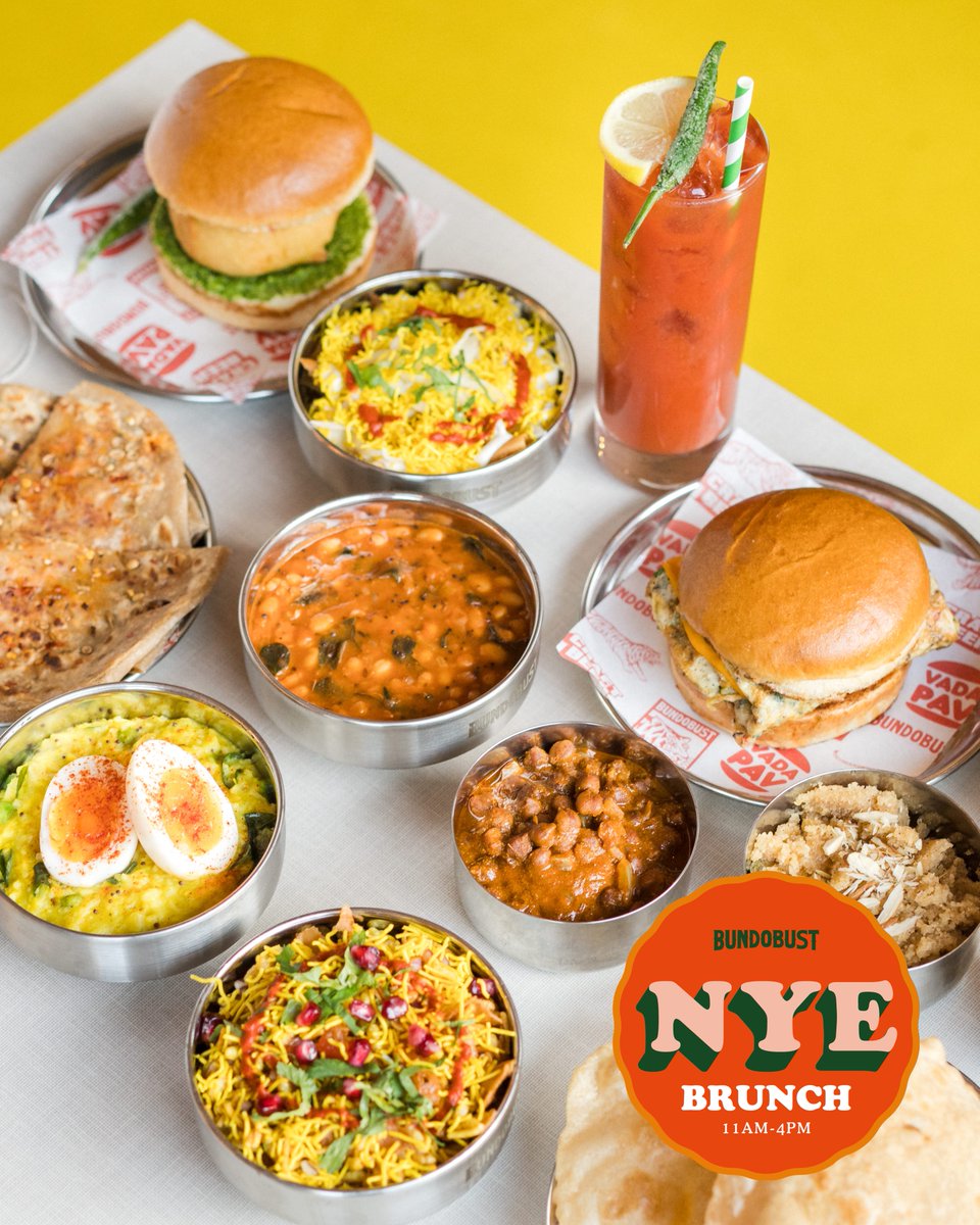 NYE brunch is BACK at Bundo!
On 11am-4pm, with 2 NEW dishes &amp; the return of your spicy brunch faves.

Take your pick from…
🥤 3 dishes + bottomless drinks from £20
🍳 Individual dishes + kids menu also available

Walk-ins always welcome or book a table
bundobust.com/book/