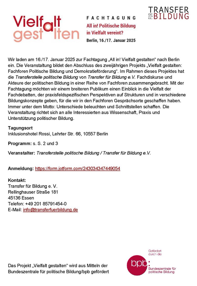 Jetzt anmelden zur Transferstellen-Fachtagung „All in! Vielfalt gestalten“ am  16./17. Januar #2025 in #Berlin! 2024 neigt sich dem Ende und wir laden  Sie ein, ins neue Jahr direkt mit einem interessanten  #Fachaustausch zu starten! #politischeBildung
👉transfer-politische-bildung.de/transfer-aktue…
