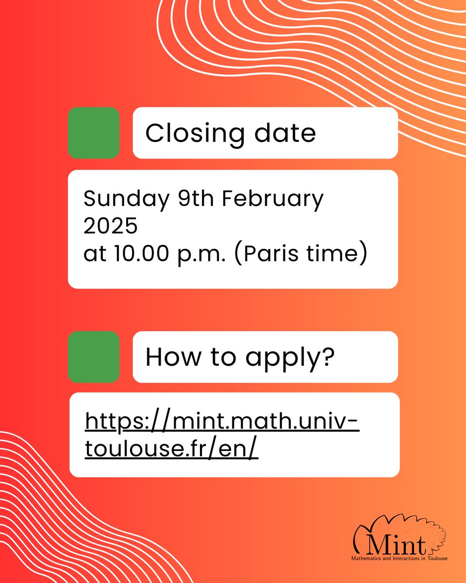 It's time!
🟩 Opening of the application call for #EURMint #Master Fellowships
⏰ Closing date:  9th February 2025 at 10.00 p.m. (Paris time)
👉 Applications online only: mint.math.univ-toulouse.fr/en/comment-pos…