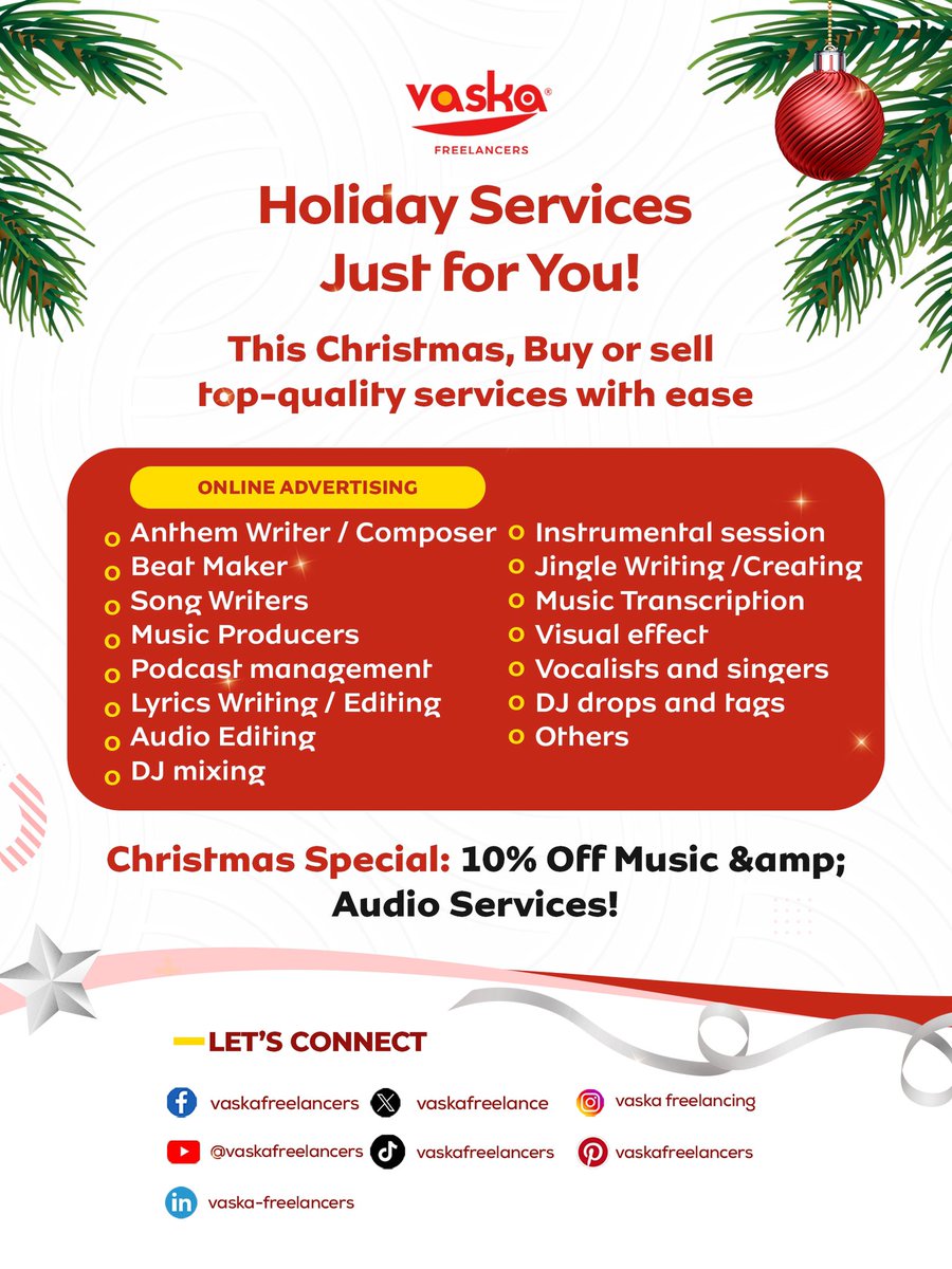 vaskafreelance's tweet photo. 🎄 Holiday Services Just for You!🎶
Get 10% OFF top-quality music and audio services this Christmas!
👉 Book now and make your holidays sound amazing!
#VaskaFreelancers #HolidayDeals #MusicServices #AudioEditing #DJMixing #ChristmasSpecial https://t.co/CaAwG8Kkts