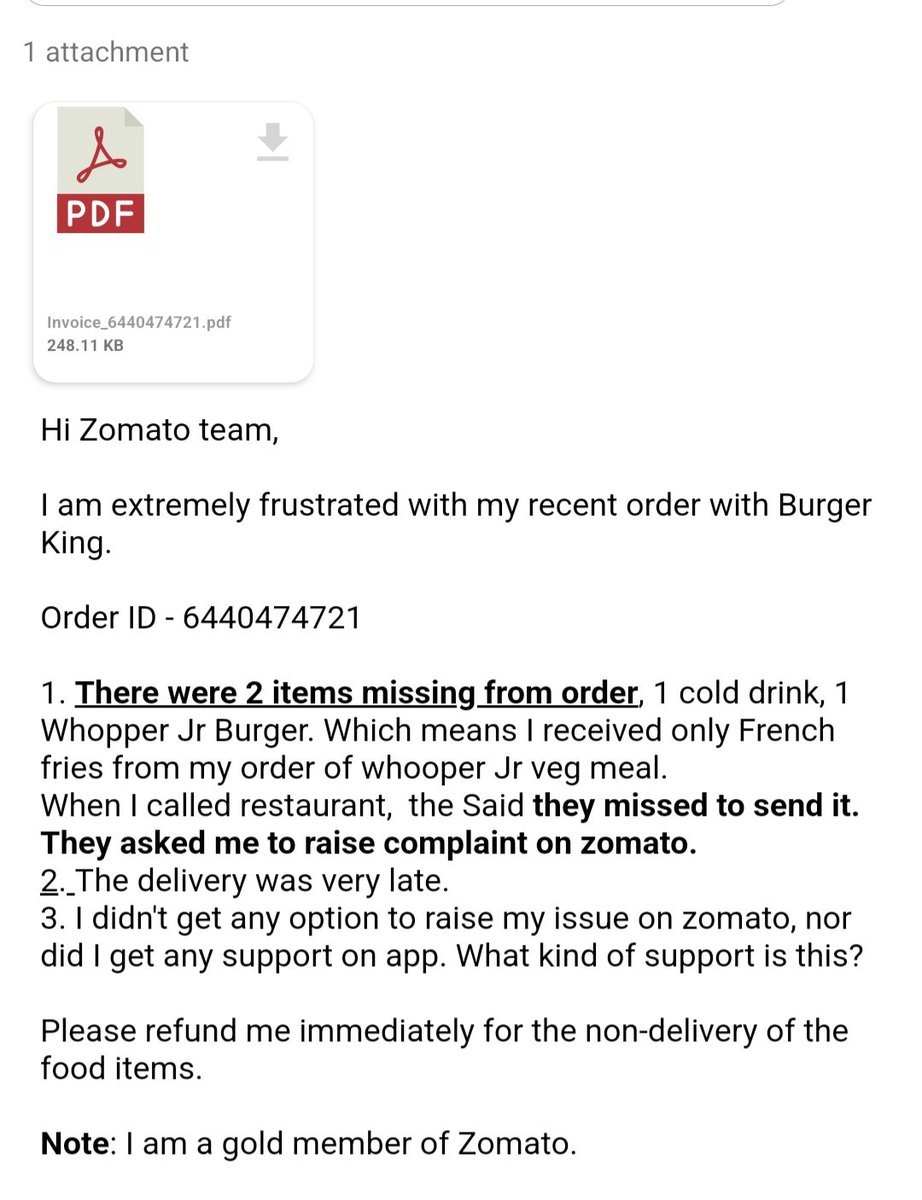 <a href="/zomatocare/">Zomato Care</a> <a href="/zomato/">zomato</a> Pathetic support. I ordered food from Zomato. The items were missing, I have no option on app to report/chat, only option is to send email. So finally sent email but no response. #zomato #SayNoToZomato #FoodScam #Service #support