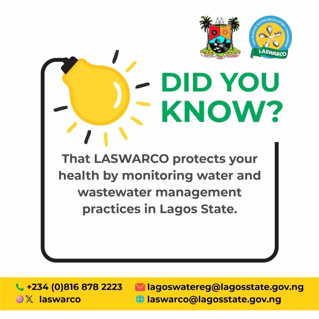 DID YOU KNOW?

That LASWARCO protects your health by monitoring water and wastewater management practices in Lagos State.

#laswarco #lagos #cleanwater #naija #safewater #water #GreaterLagosRising #lagoswater