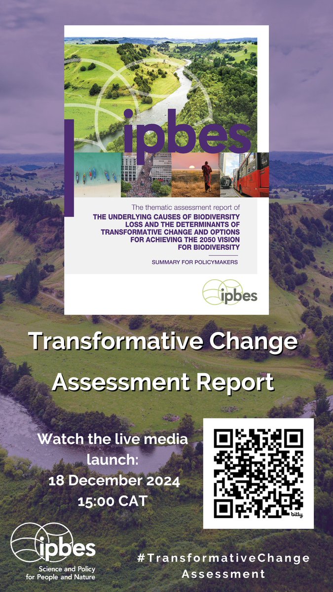 Great news! 📢📣

IPBES #TransformativeChange Assessment Report launches 18 December 2024.

Join our hybrid media launches at 1 pm GMT live in Windhoek or online:

youtube.com/live/ikmTTTBeq…