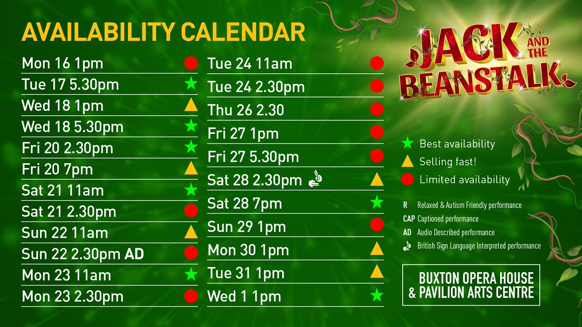 It's only 9 days until Christmas, how exciting! 🎄

So if you want to get your festive pantomime fix, here's our latest show availability for Jack and the Beanstalk – it’s going to be giant fun! 🌱

🎟 bit.ly/BOH_jack-and-t…