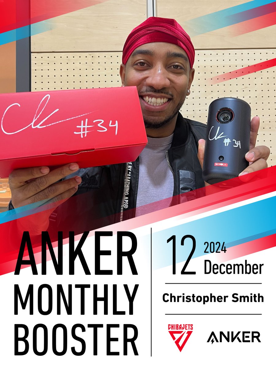 CHIBAJETS's tweet photo. 【プレゼントCP開催❤️】
「Anker Monthly Booster」第三弾開催です😃#Anker 様と素敵なキャンペーンを毎月実施中🙋‍♂️✨
12月はおうちで映画館のような体験ができるクリスマスや年末年始にもピッタリなモバイルプロジェクター「Nebula Capsule 3」を #クリストファー・スミス 選手のサイン入れて1名様にプレゼントいたします🎁

《応募方法》
本投稿リポストしていただき、下記の応募フォームよりご入力ください、たくさんのご応募をお待ちしております。
応募フォームは→ https://t.co/AskGvT7eIy