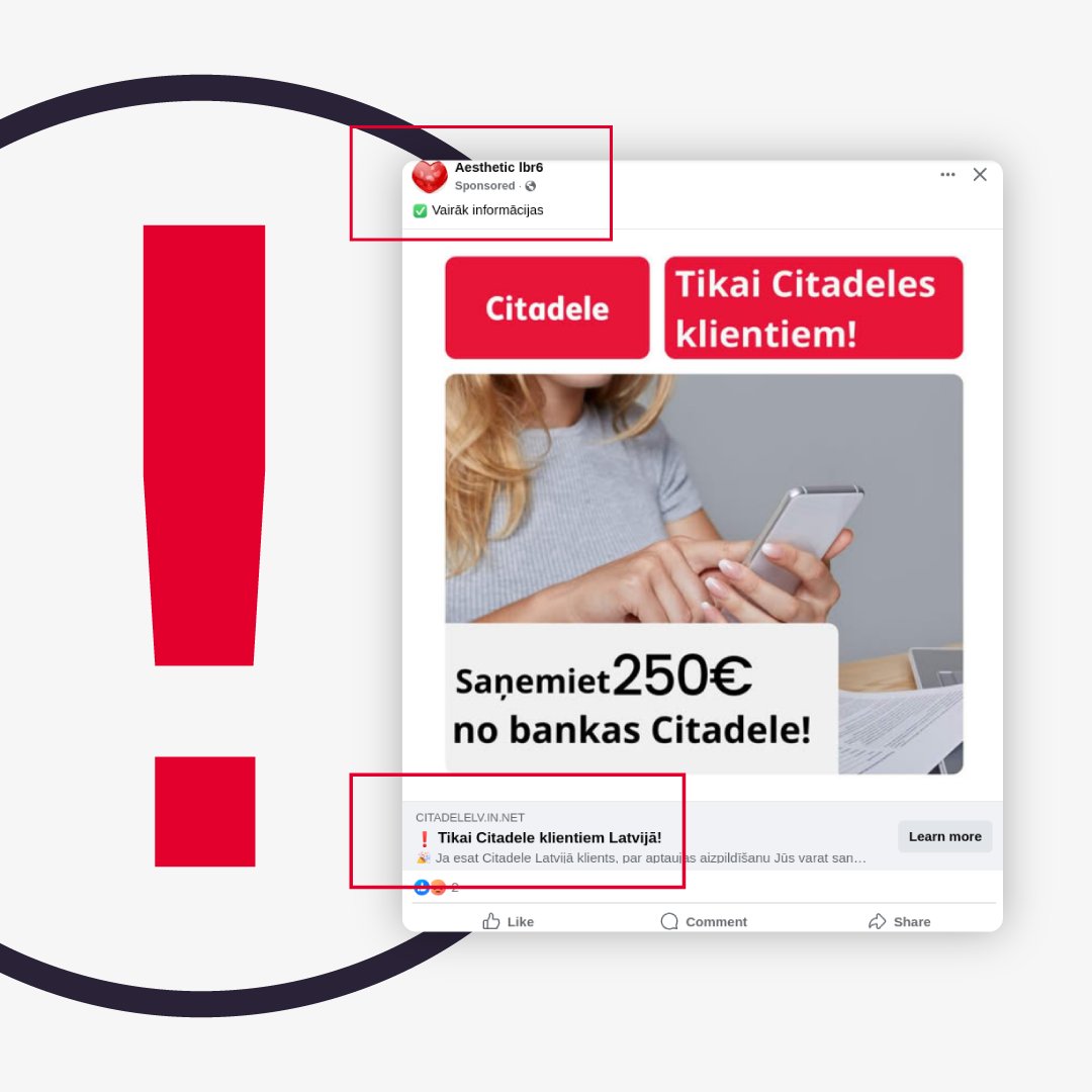 ❗ Uzmanies! Šobrīd krāpnieki Citadeles vārdā sociālajos tīklos izplata viltus piedāvājumu iegūt naudu.
⛔ Vienmēr pārbaudi tīmekļa vietnes adresi un neizpaud personas datus: internetbankas pieslēgšanās vārdu, paroles, kodus un citu personīgu informāciju.