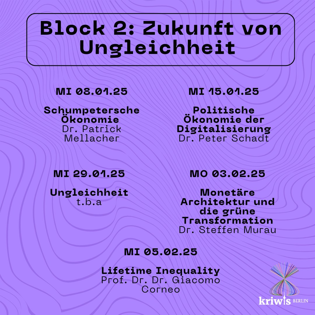 KriWis FU Berlin (@kriwis_berlin) on Twitter photo Aktuelles Programm für das restliche WiSe: am 08.01. spricht <a href="/Patrick_M_Econ/">Patrick Mellacher</a> über Schumpeterische Ökonomie, am 15.01. gibt <a href="/peter_schadt/">Peter Schadt</a> eine Einführung in die polÖk der Digitalisierung und am 03.02. spricht <a href="/steffenmurau/">Steffen Murau</a> über "Monetäre Architektur und die grüne Transformation". Aktuelles Programm für das restliche WiSe: am 08.01. spricht <a href="/Patrick_M_Econ/">Patrick Mellacher</a> über Schumpeterische Ökonomie, am 15.01. gibt <a href="/peter_schadt/">Peter Schadt</a> eine Einführung in die polÖk der Digitalisierung und am 03.02. spricht <a href="/steffenmurau/">Steffen Murau</a> über "Monetäre Architektur und die grüne Transformation".