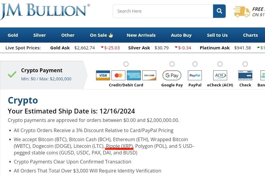 _Crypto_Barbie's tweet photo. WOW! 💥

JM BULLION, THE LEADING ONLINE BULLION DEALER IN THE UNITED STATES, NOW ACCEPTS #XRP AS PAYMENT METHOD! 💎 https://t.co/wWMS1RgbZr