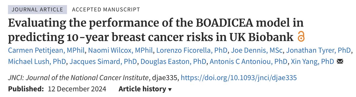 xinyang6699's tweet photo. Latest study on evaluating the multifactorial BOADICEA model, implemented in CanRisk (https://t.co/N60joMS8EB), for predicting 10-year breast cancer risks in the prospective #UKBiobank cohort, from our @antonis02 group,  published in @JNCI_Now 

https://t.co/yjSjYQMbJZ https://t.co/t31PEgXmuR