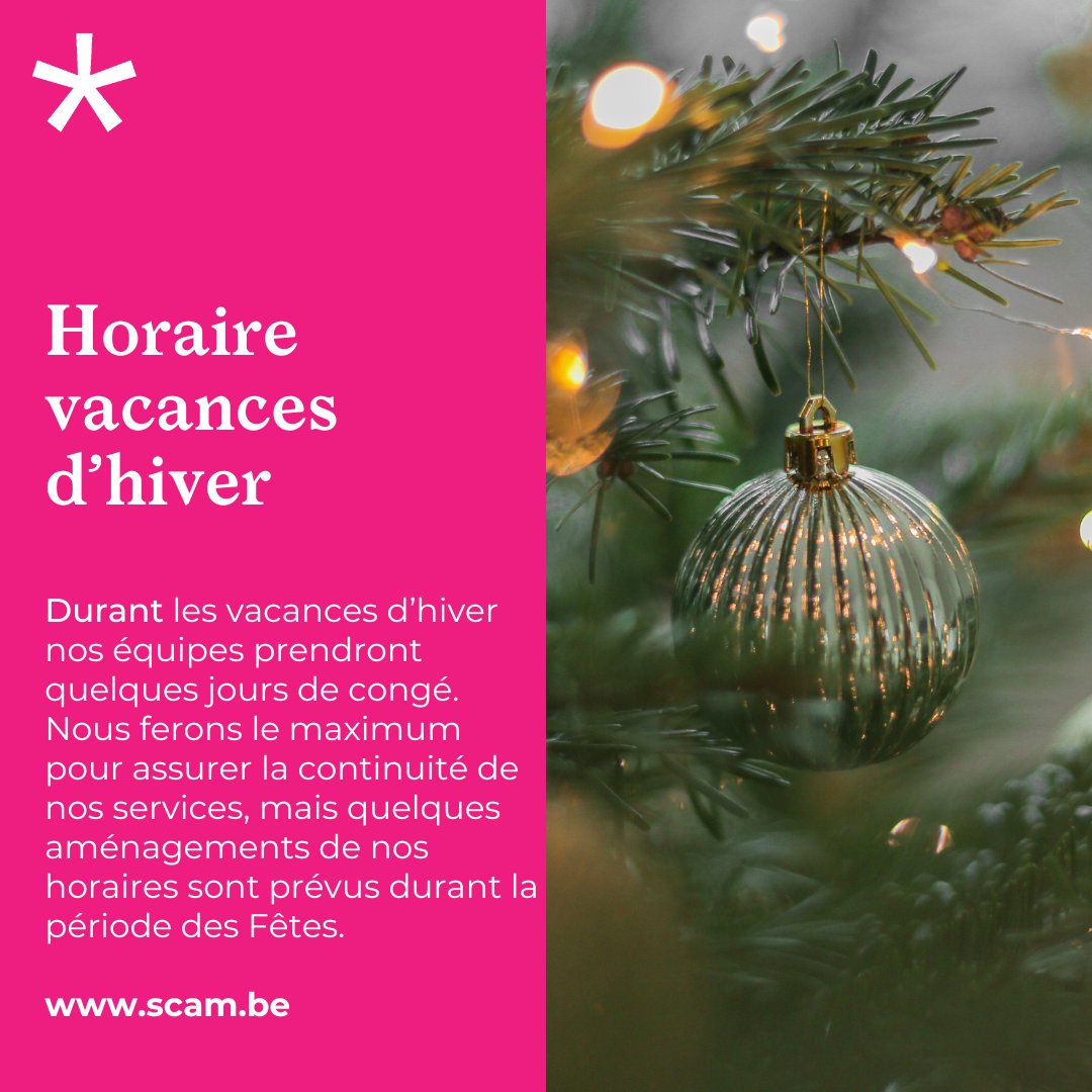 Scam_Be's tweet image. [𝐕𝐚𝐜𝐚𝐧𝐜𝐞𝐬 𝐝'𝐡𝐢𝐯𝐞𝐫 ❄️🎄]
Auteur·ices, durant les vacances d'hiver nos équipes prendront quelques jours de congé. Nous ferons le maximum pour assurer la continuité de nos services, mais quelques aménagements horaires seront prévus. 
👉 scam.be/fr/actualites/…