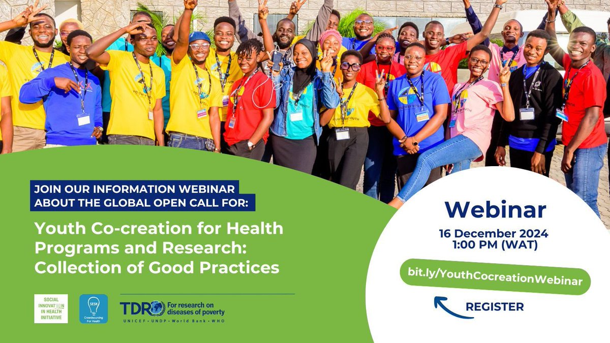 Have you seen our global open call and have questions? Join our webinar to learn more about Youth Co-creation for Health Programs and Research: Collection of Good Practices on 16 December 2024 at 1 PM WAT. Register here: bit.ly/YouthCocreatio…