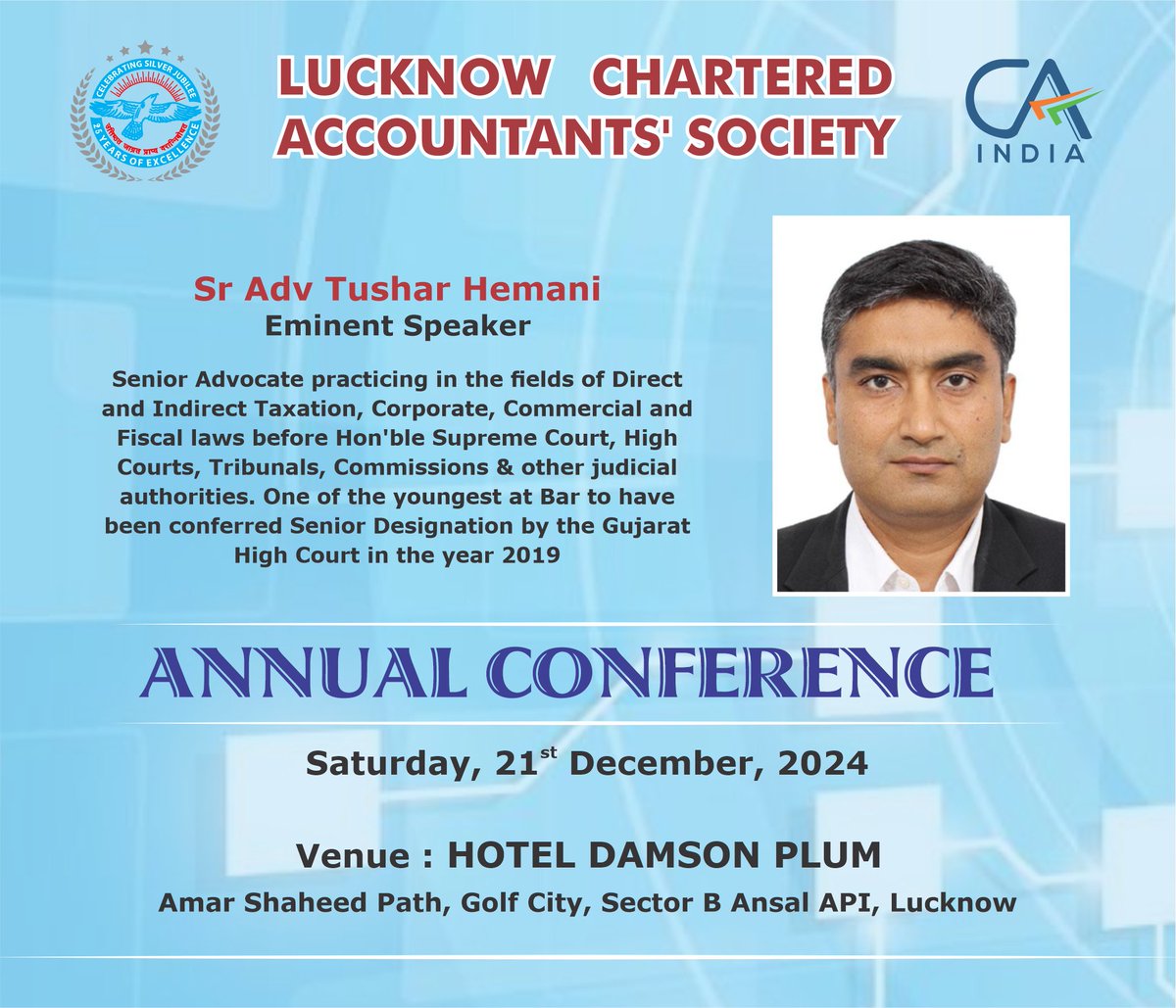 LCAS1998's tweet photo. Pleased to announce our Eminent Speaker for Annual Conference Sr Advocate Tushar Hemani Sir from Ahmedabad.
He is a senior Advocate practicing in the fields of Direct and Indirect Taxation, Corporate, Commercial and Fiscal laws before various courts &amp; other judicial authorities. https://t.co/zpgZoGxKRM
