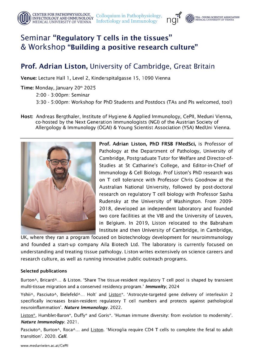 Next Gen Immunologists (@nimmunologists) on Twitter photo Join us for an exciting seminar on #Treg and a workshop on positive research culture with <a href="/LabListon/">Adrian Liston</a>
Jan 20th, 2.00-5.00 pm - Lecture hall 1, Kinderspitalgasse 15 in #Vienna
Co-hosted by <a href="/abergthaler/">Andreas Bergthaler ☮️</a> and #ysa
<a href="/MedUni_Wien/">MedUni Wien</a> <a href="/y_efis/">yEFIS</a> Join us for an exciting seminar on #Treg and a workshop on positive research culture with <a href="/LabListon/">Adrian Liston</a>
Jan 20th, 2.00-5.00 pm - Lecture hall 1, Kinderspitalgasse 15 in #Vienna
Co-hosted by <a href="/abergthaler/">Andreas Bergthaler ☮️</a> and #ysa
<a href="/MedUni_Wien/">MedUni Wien</a> <a href="/y_efis/">yEFIS</a>