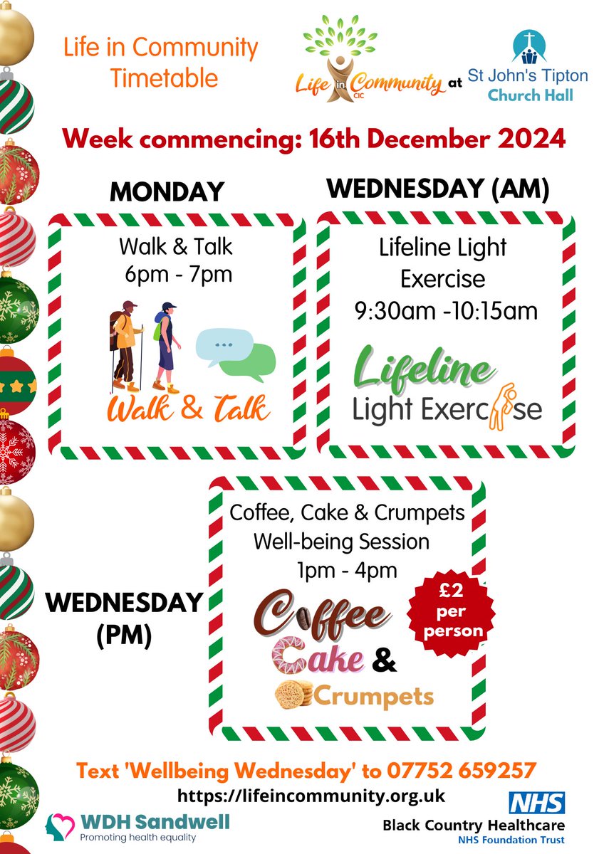 LifeInComTipton's tweet photo. #Tipton #PrincesEnd #Sandwell
This week we are winding down 4 Christmas.
So we have a revised timetable, but if u need us, u can still give us a bell.
Have a good week!
@commsinsync @SCVOSandwell @asdaTipton @DarrylMagher @BlackCountryNHS @Litterwatch1 @TiptonWMP @SandwellFIS https://t.co/9SS0HGcT32