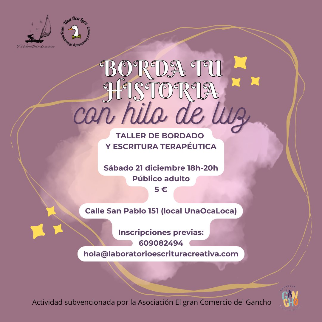 Taller de bordado y escritura terapéutica en colaboración con Unaocaloca 

Actividad subvencionada por El gran comercio del Gancho 

No se requiere de experiencia previa ni en bordado ni en escritura.

Reserva ya tu plaza!!

#YoDoyVidaAlGancho