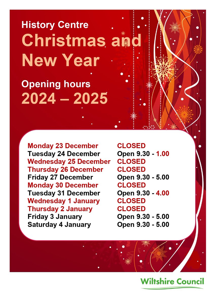 A reminder that while there will be opportunities to carry out some restful research over this festive season, there are changes to our opening hours. Also please note our closure week is from 6-10 January.
