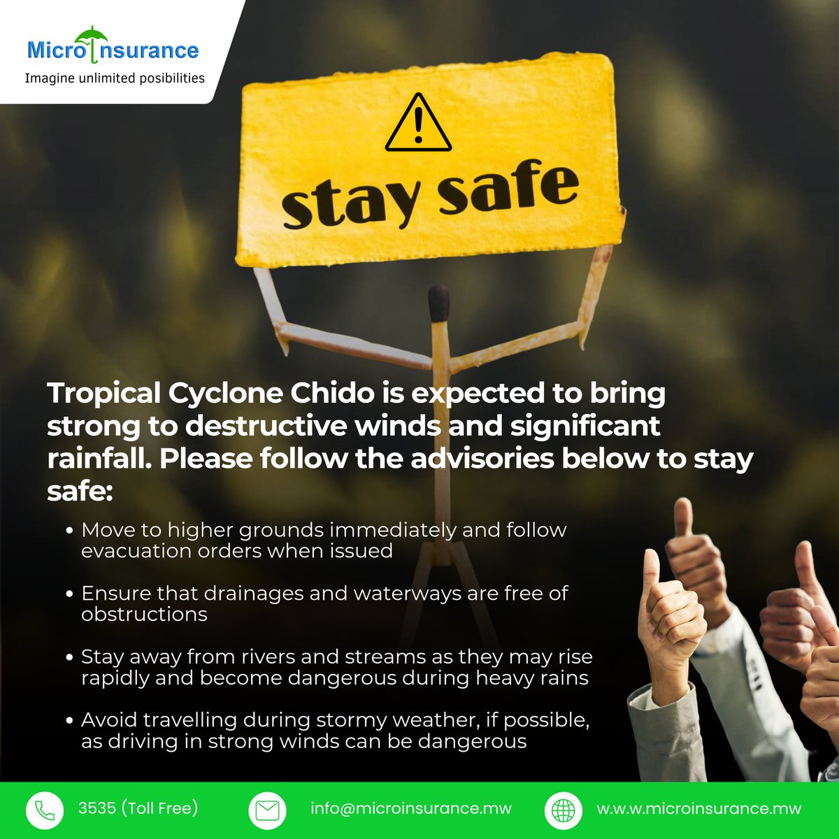 Take heed!! Stay safe !
Tropical Cyclone Chido is expected to bring strong to destructive winds and significant rainfall. Please follow the advisories below to stay safe.
