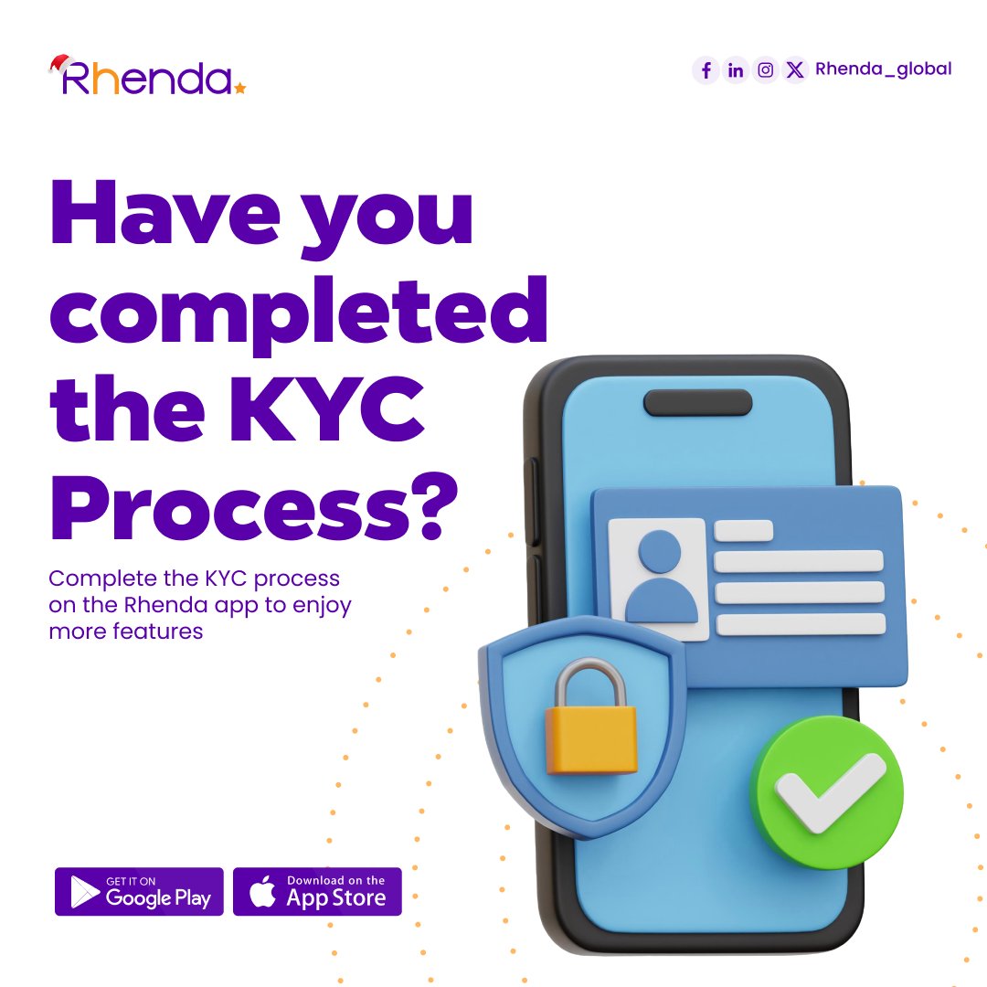 rhenda_global's tweet photo. Happy new week! KYC is important and ensures security. Go to the Rhenda App, complete your KYC process, and be secure now! #Rhenda #KYC https://t.co/xap4ojNIGm