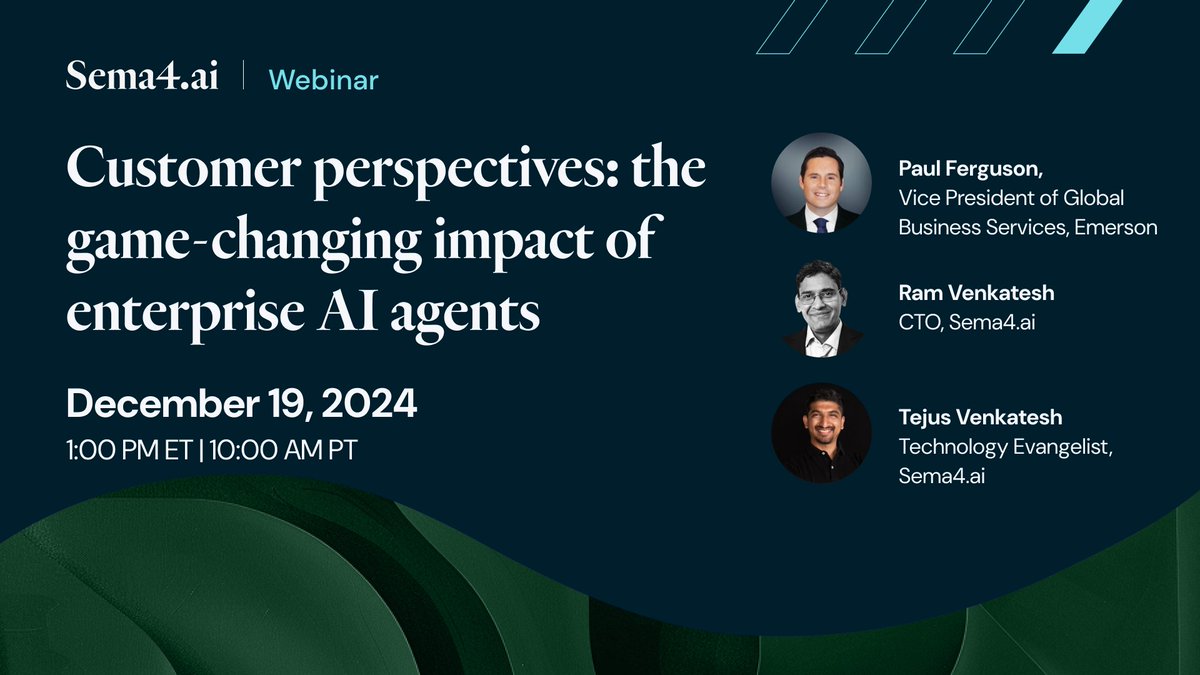 sema4ai's tweet photo. Join our final launch webinar on enterprise AI agents! Learn from Emerson's success in remittance matching for thousands of payments. 🗓 Dec 19, 2024, 10 AM PT.  https://t.co/BXIW9v1U4h https://t.co/ayI8DoBJSY
