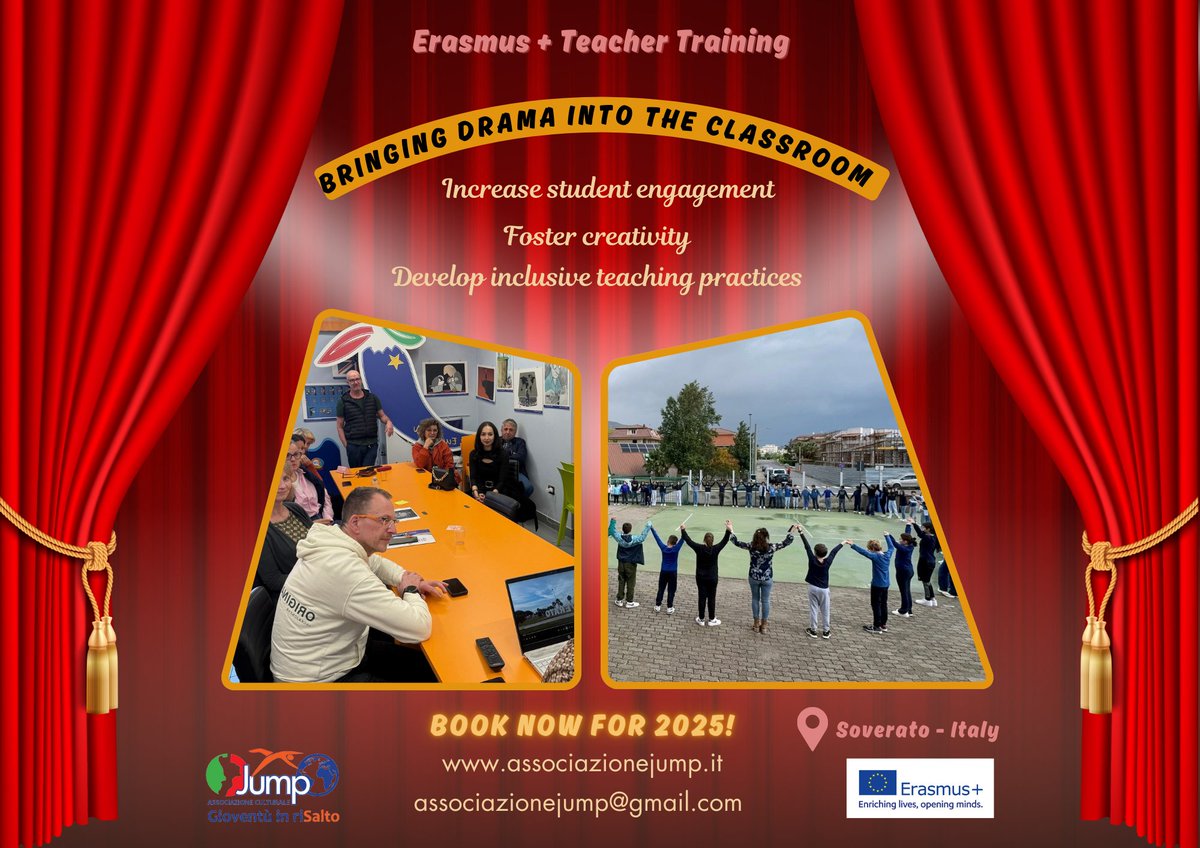 AssoJUMP's tweet photo. NEW ERASMUS+TRAINING with
JUMP ACADEMY Professional Training 
of Soverato-Italy

BRINGING DRAMA INTO THE CLASSROOM

https://t.co/zzGYGMycmK
associazionejump@gmail.com
Apply and register with JUMP as a Training Provider!
OID: E10040387

#teachers #training #erasmusplus #education https://t.co/Myc3JbqyC2