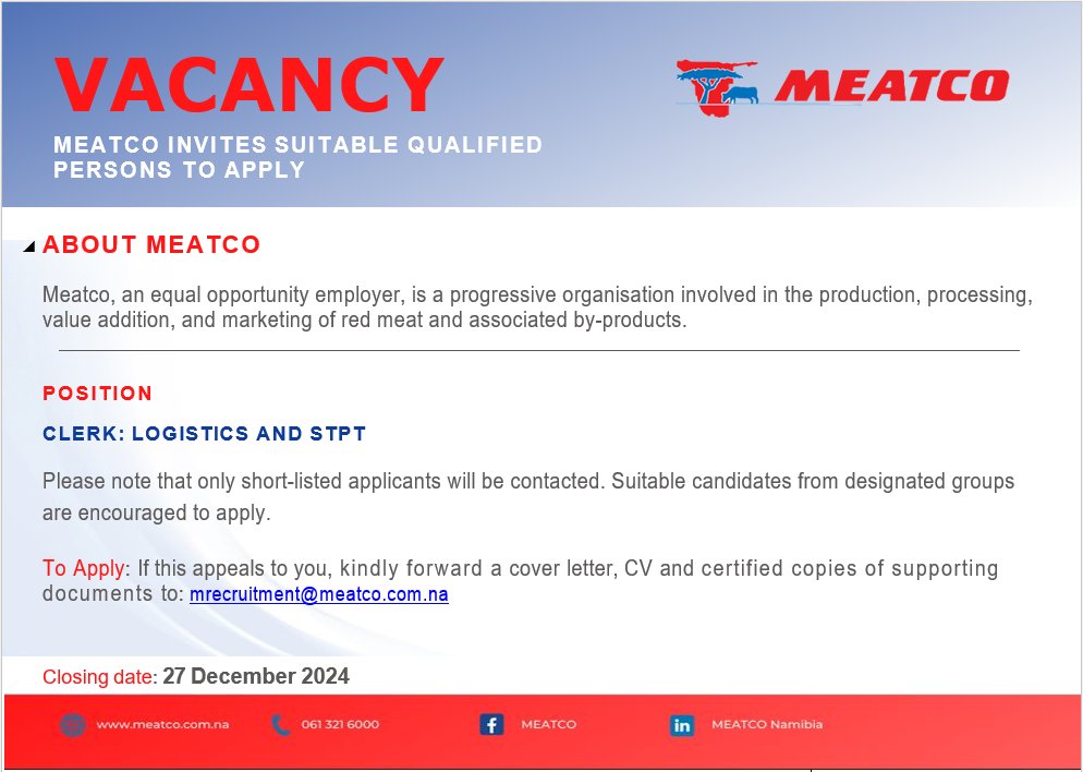 Here's an employment opportunity with us for a Clerk: Logistics and STPT! 
#Meatco4Nam #ClerkLogisticsSTPT #growthmindset