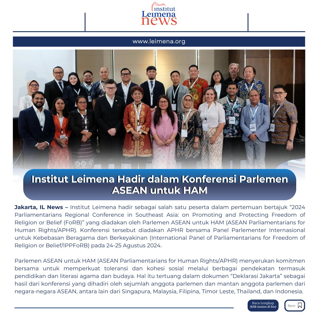 institutleimena's tweet photo. Jakarta, IL News – Institut Leimena hadir sebagai salah satu peserta dalam pertemuan bertajuk “2024 Parliamentarians Regional Conference in Southeast Asia: on Promoting and Protecting Freedom of Religion or Belief (FoRB)” 

Baca selengkapnya..(https://t.co/pUfGfNvBrT) https://t.co/kubOUHoQ9h