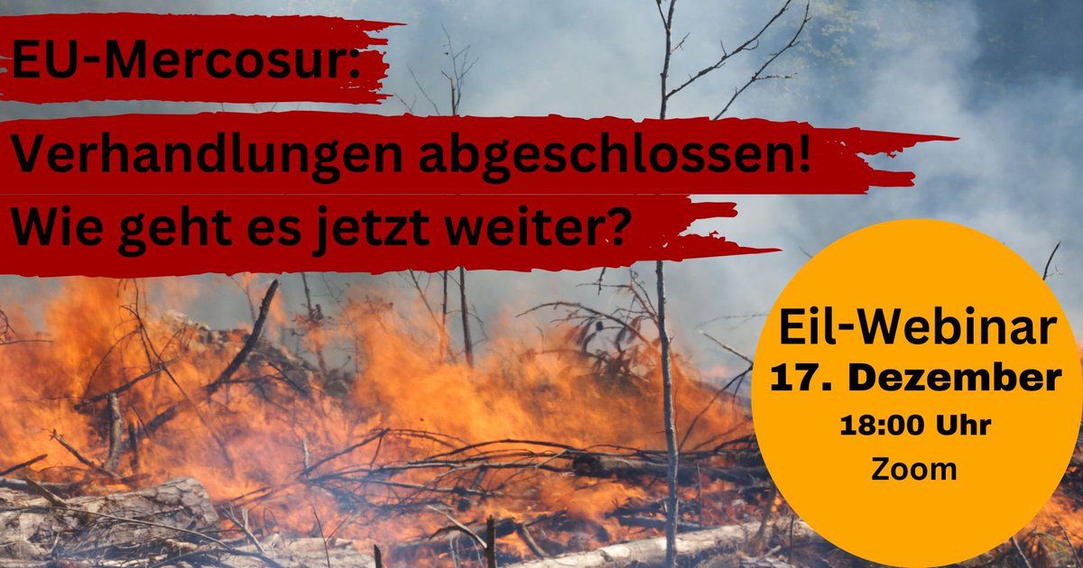 🚨 Einigung? 
Das #EUMercosur-Handelsabkommen: Auswirkungen auf Mensch und Umwelt – und wie es noch gestoppt werden kann
📅 Datum: Dienstag, 17. Dezember
⏰ Uhrzeit: 18:00 Uhr
us06web.zoom.us/j/9627582151?p…