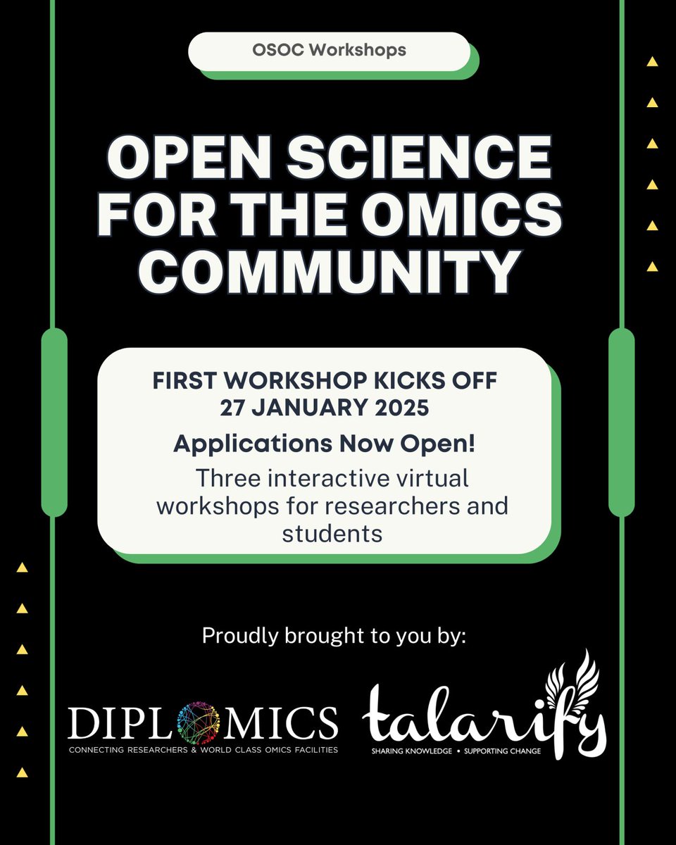 SAHumanGenetics's tweet image. Exciting for 2025! 🚀 Join the Open Science for Omics Community (OSOC) Workshop Series!

📅 Dates:

Intro to Open Science: 27 Jan
Open Science in Labs: 19 &amp;amp; 26 Feb
Computational Omics: 5 Mar
Apply now: forms.gle/ex8PF8XCig3Qs8…

#OpenScience #Omics #OSOC