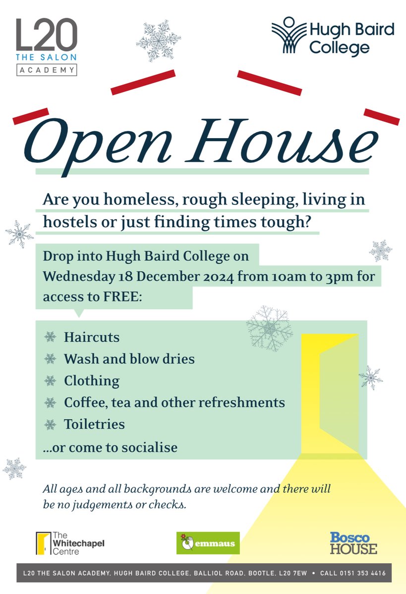 hughbaird's tweet photo. Come along to our Open House! 🎄

Are you homeless, rough-sleeping, living in a hostels or just finding times tough? We are running a FREE Open House Event on Wednesday 18th December 10.00am-3.00pm.

All ages &amp; backgrounds are welcome &amp; there will be no judgements or checks. https://t.co/45JITpk2jn