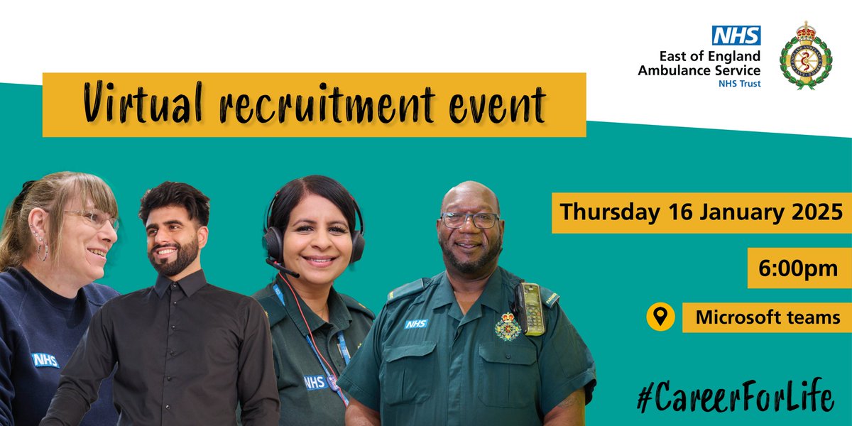 EastEnglandAmb's tweet image. Our next virtual recruitment event is taking place next month!

📅 Thursday 16 January 2025
⏰ 6pm
📍 Microsoft Teams

Express your interest: eastamb.nhs.uk/form/virtual-r…

#CareerForLife