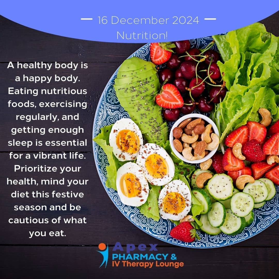 TheApexPharmacy's tweet photo. Donโt let the festive dishes derail your diet plans! Stay focused, stay healthy, and make choices that support your wellness. Nourish your body with the nutrition it deserves. #ApexHealthWellnessPharmacy #HealthNugget #MondayMotivation #FestiveSeason #Wellness #Eswatini https://t.co/HaleIw5dYJ